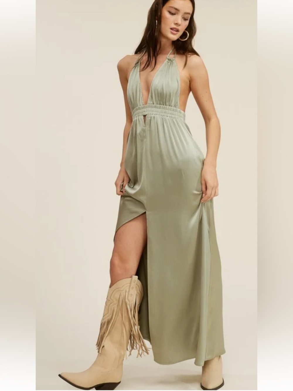 Sage Green Halter Maxi Dress with Side Slit